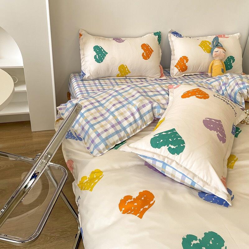 Bộ chăn ga gối cotton poly - Mẫu tim kẻ xanh.