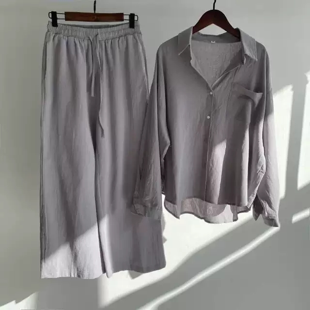 Set bộ linen gồm áo sơ mi nữ có túi và quần dài ống suông, phong cách nhẹ nhàng, tiểu thư, Hàn Quốc BV08