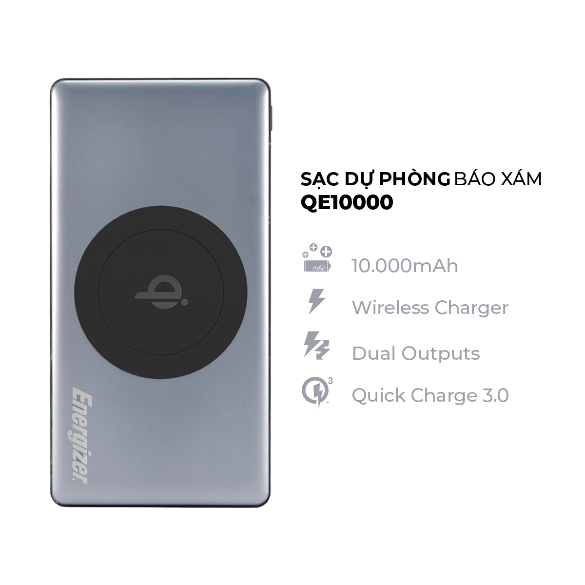 Pin Sạc Dự Phòng Tích Hợp Sạc Không Dây Energizer QE10000 10.000 mAh (Xám) - Hàng Chính Hãng