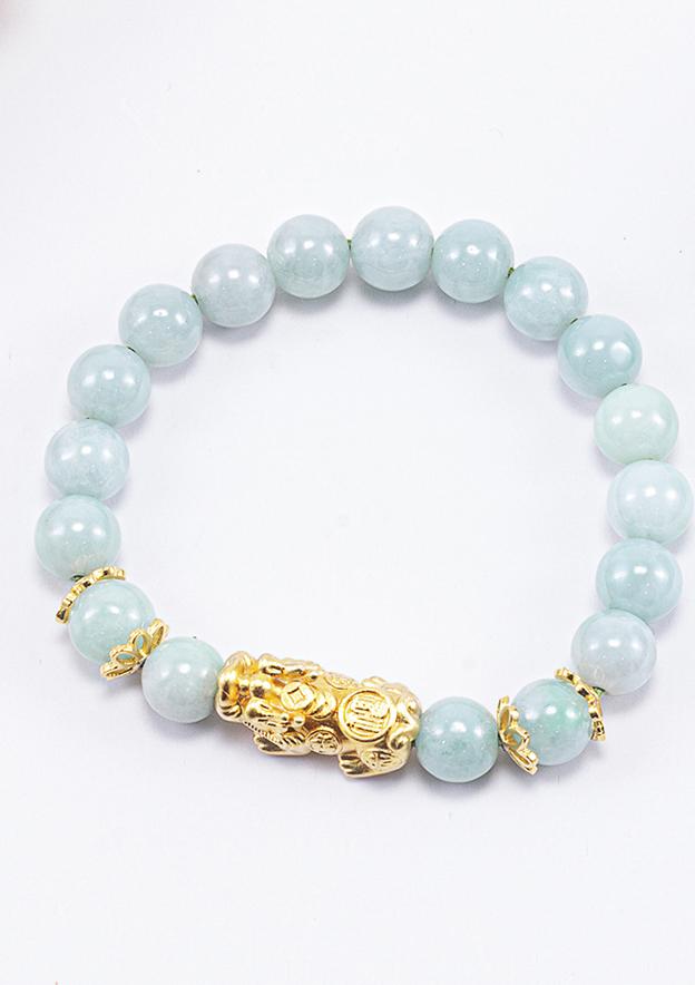 Vòng Tay Phong Thủy Nữ Đá Cẩm Thạch Phỉ Thúy Phối Charm Tỳ Hưu Mạ Vàng 24K  Mệnh Mộc, Hỏa Ngọc Quý Gemstones
