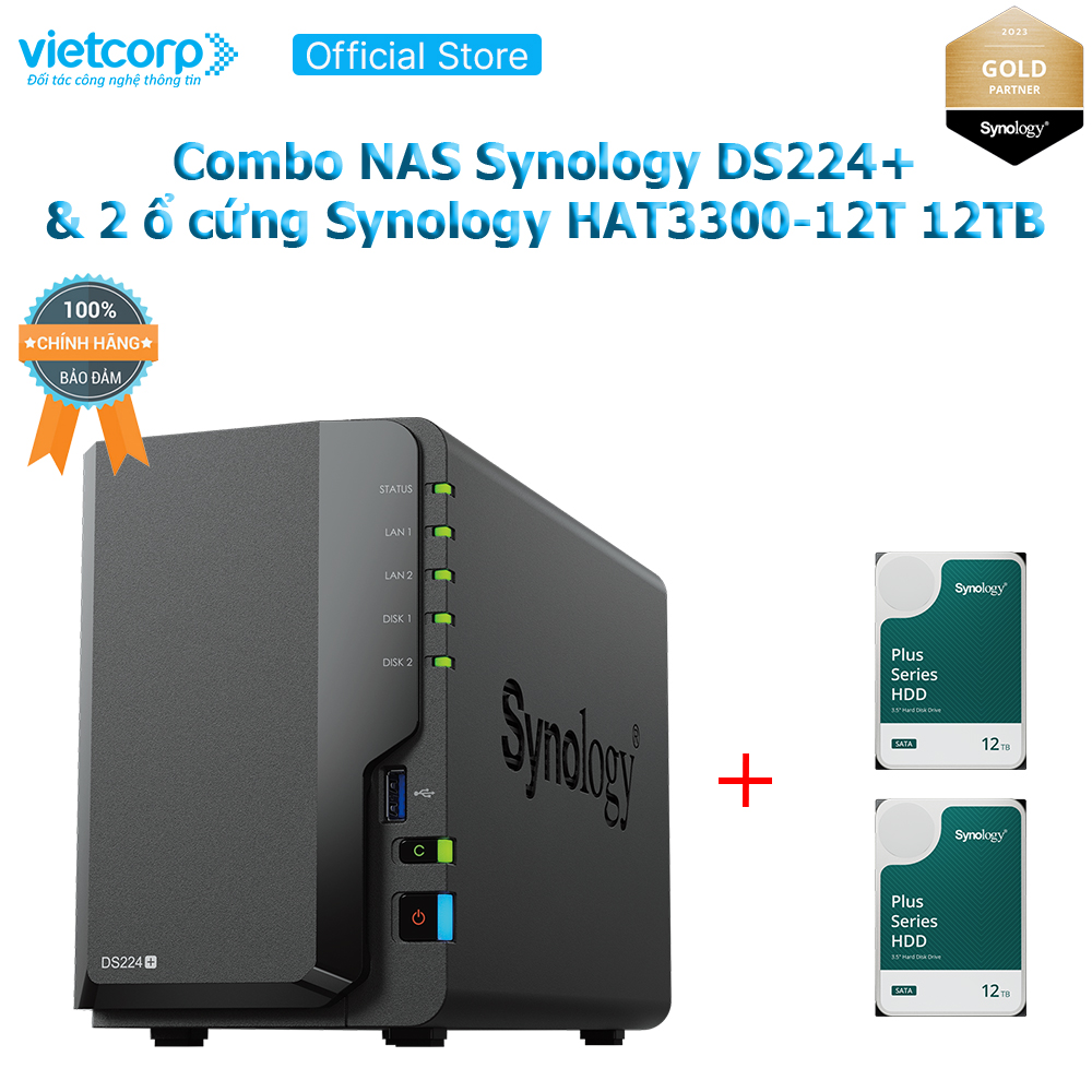 Combo Thiết bị lưu trữ NAS Synology DS224+ và 2 Ổ cứng Synology HAT3300-12T Hàng Chính Hãng