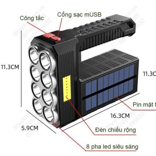 Đèn pin cầm tay siêu sáng 4 chế độ CTFAST W5117 : Tích hợp 8 COB LED chiếu xa lên tới 50 mét, chống thấm nước, dung lượng pin lớn có thể sạc usb kết hợp năng lượng mặt trời an tâm khi đi đêm, du lịch, cắm trại, cứu hộ