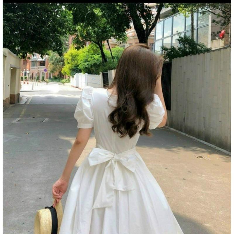 Đầm trắng tiểu thư nơ lưng_ hình thật trải sàn