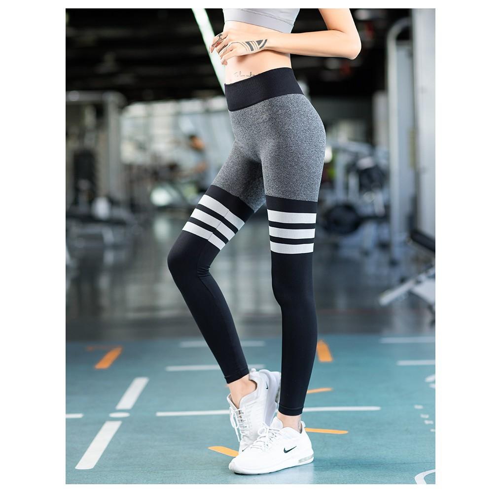 Quần legging tập gym yoga thê thao đùi phối kẻ ngang chất lượng cao cấp