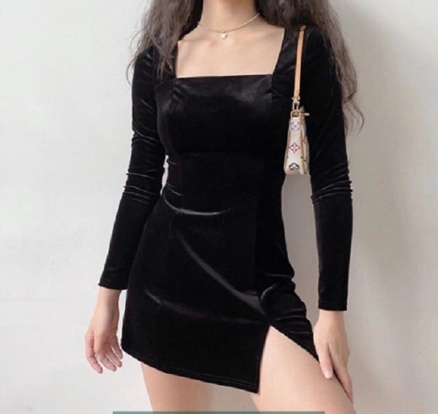 Váy body nhung cổ vuông dài tay thu đông xẻ cao sexy - VN11