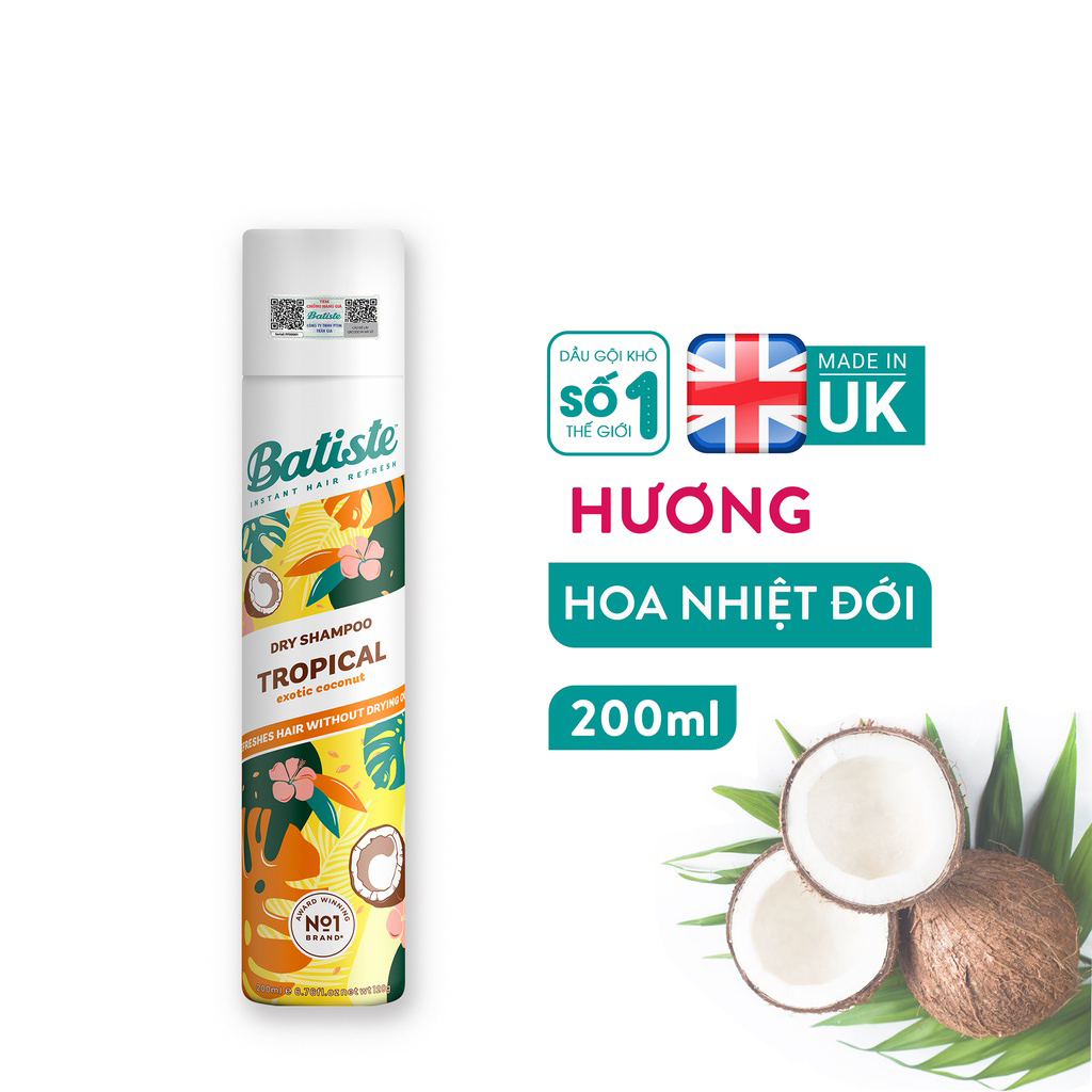 Dầu Gội Khô Batiste Hương Hoa Nhiệt Đới - Batiste Dry Shampoo Coconut &amp; Exotic Tropical 200ml