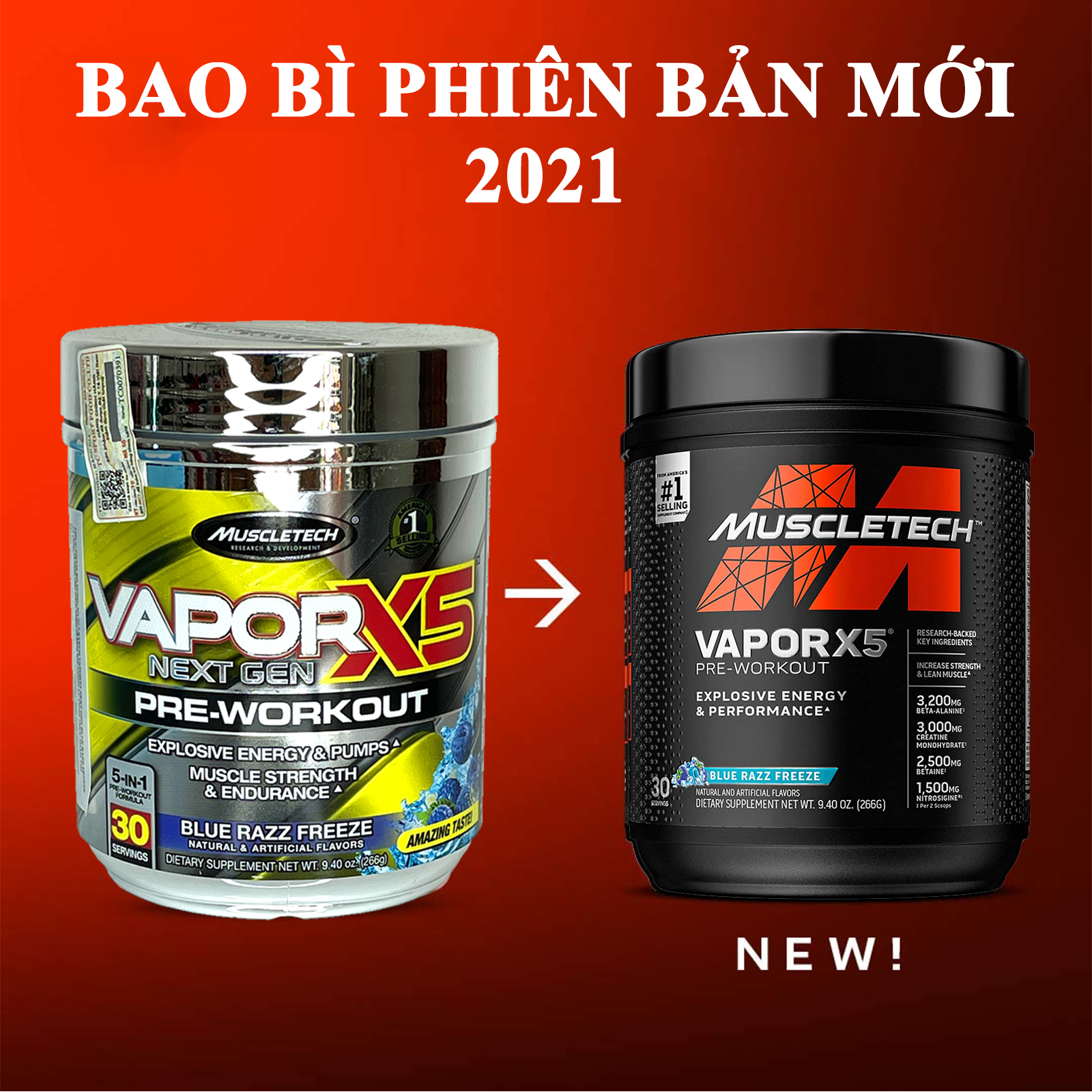 Combo Pre Workout tăng sức bền, sức mạnh Vapor X5 hương Blue Razz hộp 30 serving và viên đốt mỡ, giảm cân Hydroxycut Hardcore Elite hộp 110 viên