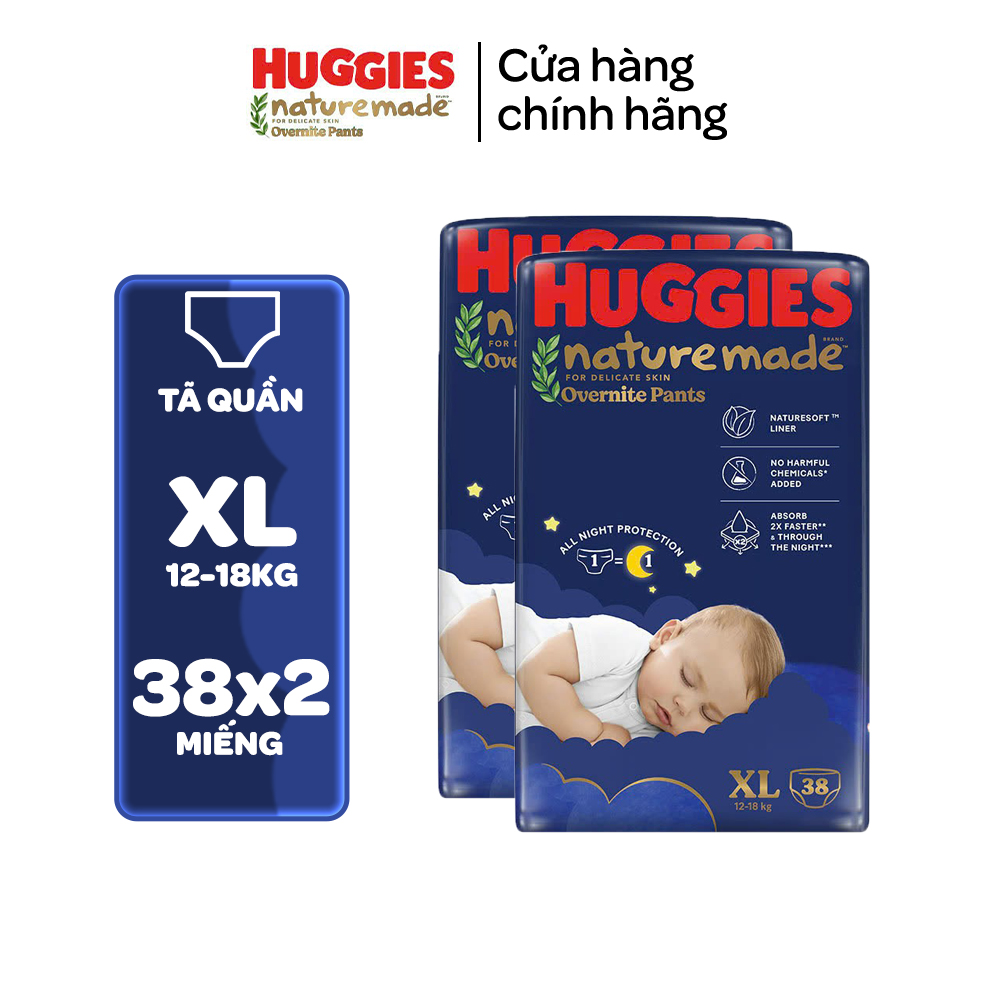 Combo 2 Tã quần Huggies Naturemade ban đêm M58/L44/XL38/XXL26