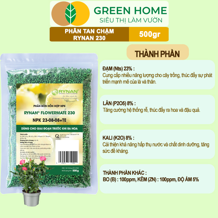 Phân Tan Chậm GreenHome, Rynan 230, Bao 500gr, Dùng Cho Hoa Kiểng, Kiểng Lá Trước Khi Ra Hoa