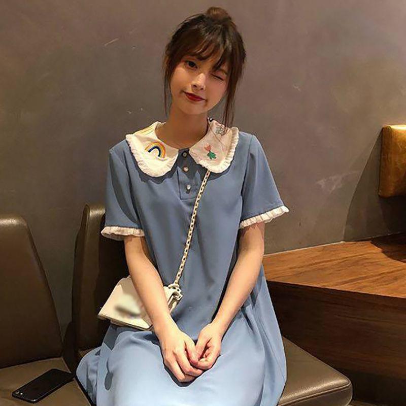 Đầm Dáng Rộng Cổ Búp Bê Thêu Họa Tiết Xinh Xắn Cho Nữ