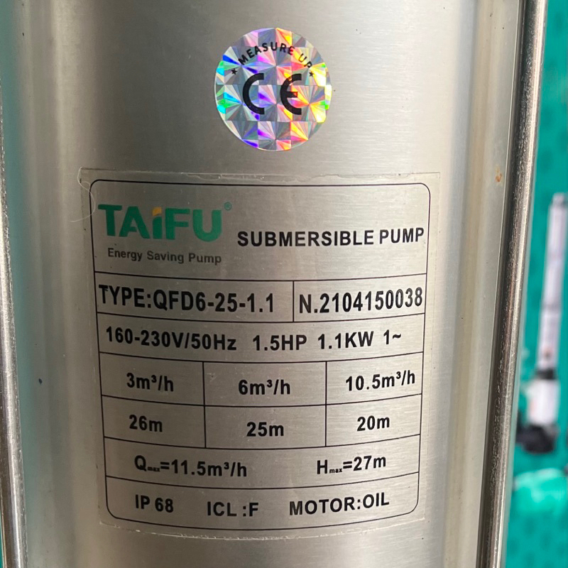 Máy bơm chìm đẩy cao 1.1Kw Thân,Nắp INOX 304 TAIFU QFD6-25-1.1 và QSD6-25-1.1 - Bảo hành 1 năm