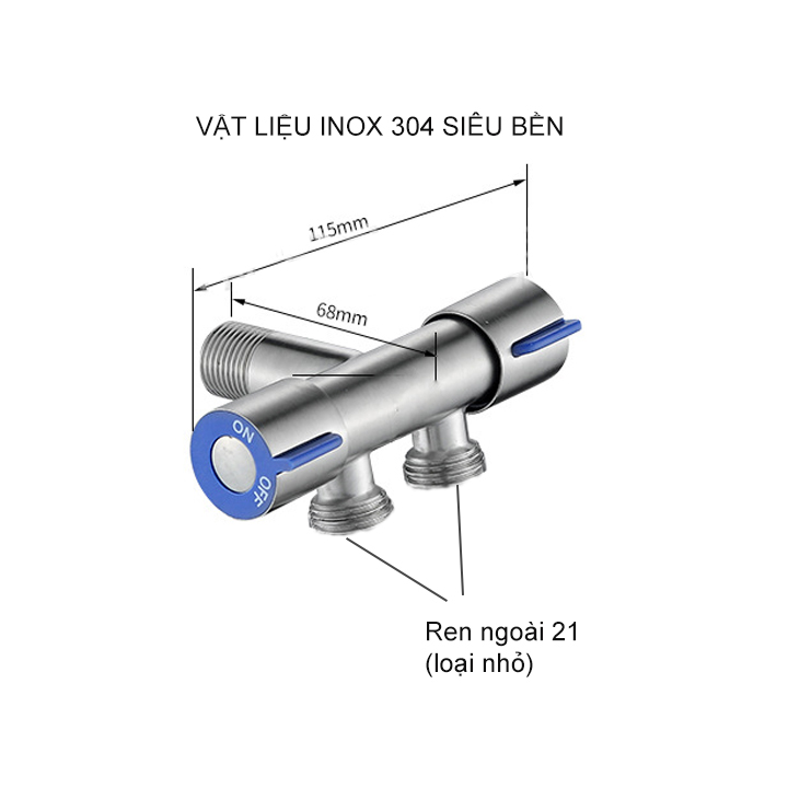 Vòi nước lạnh 2 đầu ra gắn tường bằng, đường kính ren vào ra 21mm, 01 đâu tạo bọt và 01 gắn máy giặt