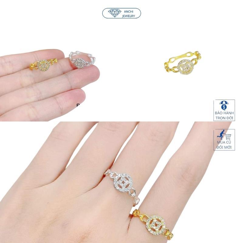 Nhẫn kim tiền chữ vạn đính đá bạc mạ vàng cho nữ, Anchi jewelry