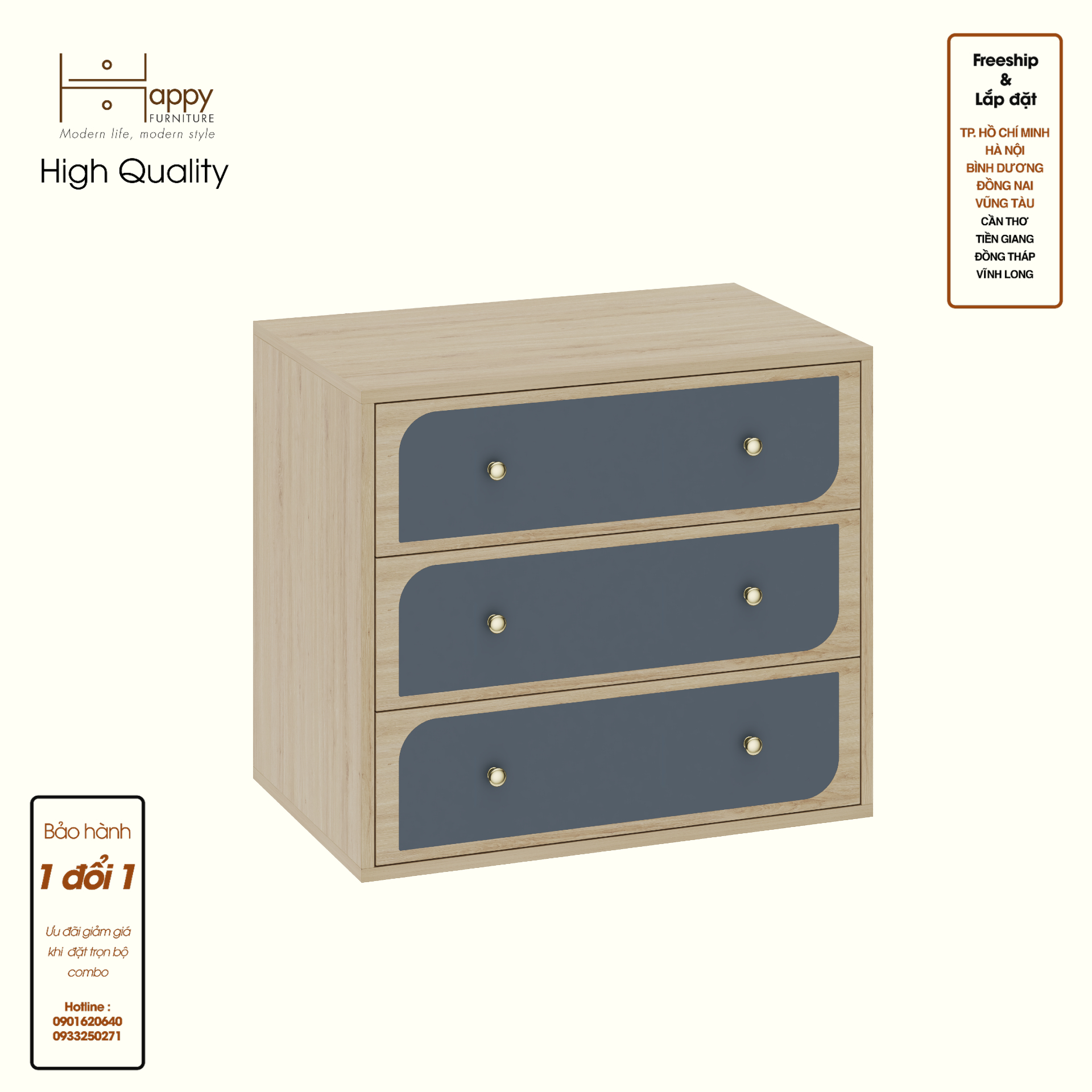 [Happy Home Furniture] BANA, Táp đầu giường 3 ngăn kéo, 70cm x 45cm x 61cm ( DxRxC), THK_121