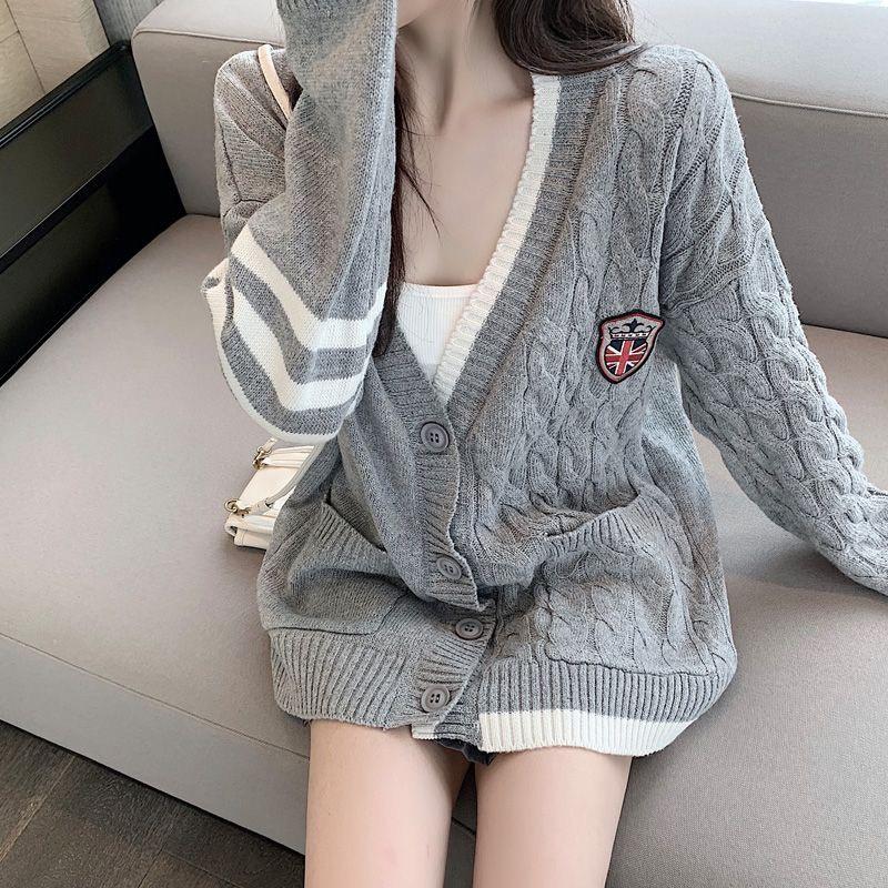 Áo Cardigan Len Trơn Thừng Logo Chất Dày Dáng Dài Xám