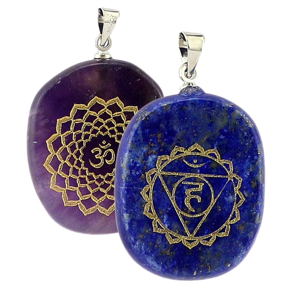 2pcs Engraved Lapis Lazuli Amethyst Reiki Natural Stone Necklace Pendants