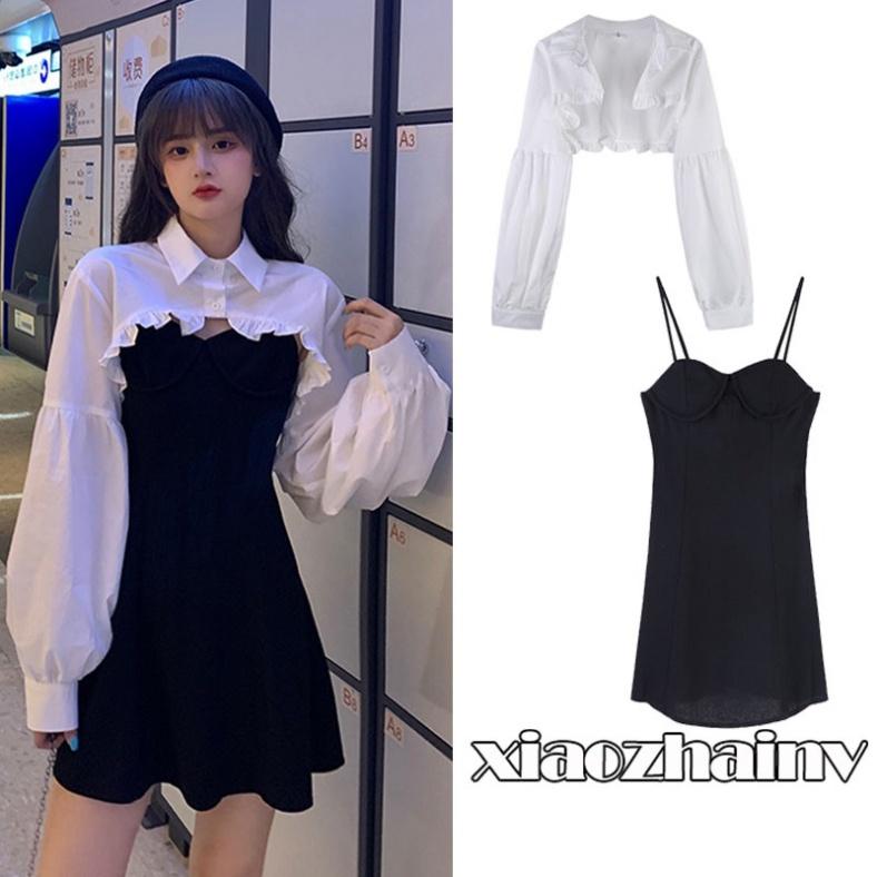 Set Đầm Ôm Hai Dây Và Áo Sơ Mi Tay Phồng Thời Trang Gợi Cảm Cho Nữ