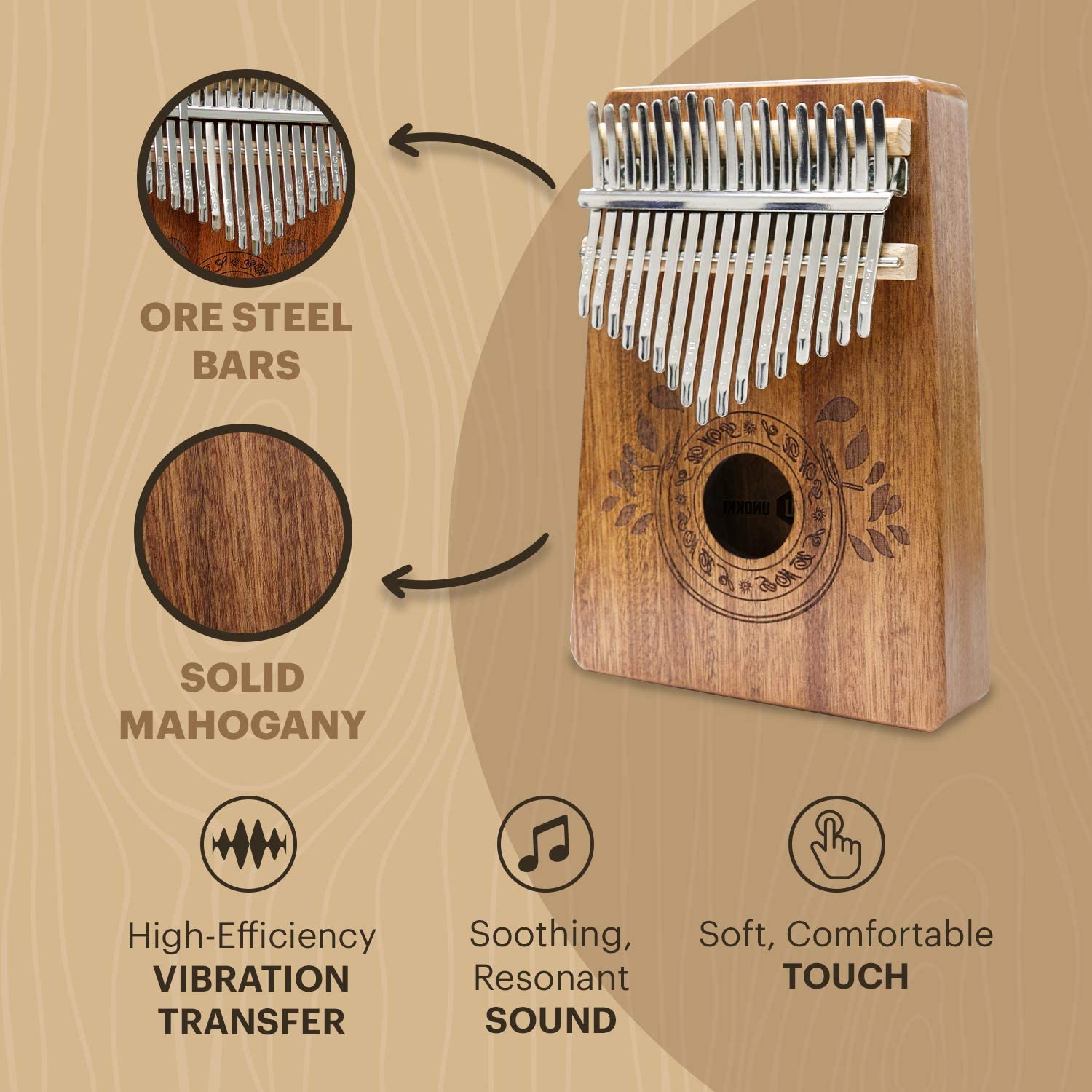 Đàn Kalimba 17 phím gỗ gụ kèm sách hướng dẫn , sách nhạc 25 bài, phụ kiện búa điều chỉnh, giấy dán, túi -Nhạc cụ cá nhân cầm tay cho trẻ em và người lớn, người mới bắt đầu đến chuyên nghiệp - Màu sắc: Nâu nhạt