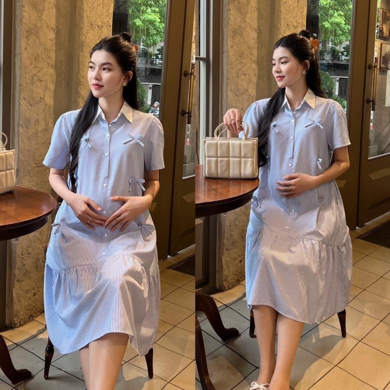 Đầm bầu công sở vải sọc cotton hàn cổ sơ mi đính nhiều nơ xinh Váy Bầu Dễ Thương - Xanh nhạt