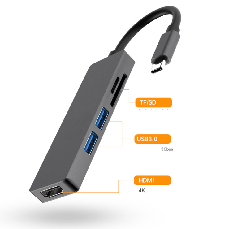 Hub chia USB Type-C 5 Cổng HDMI/USB 3.0/SD/TF