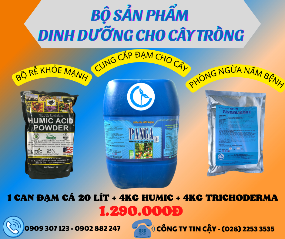 Bộ sản phẩm dinh dưỡng cho cây trồng gồm đạm cá nước ngọt can 20 lít + 4kg humic + 4kg trichoderma