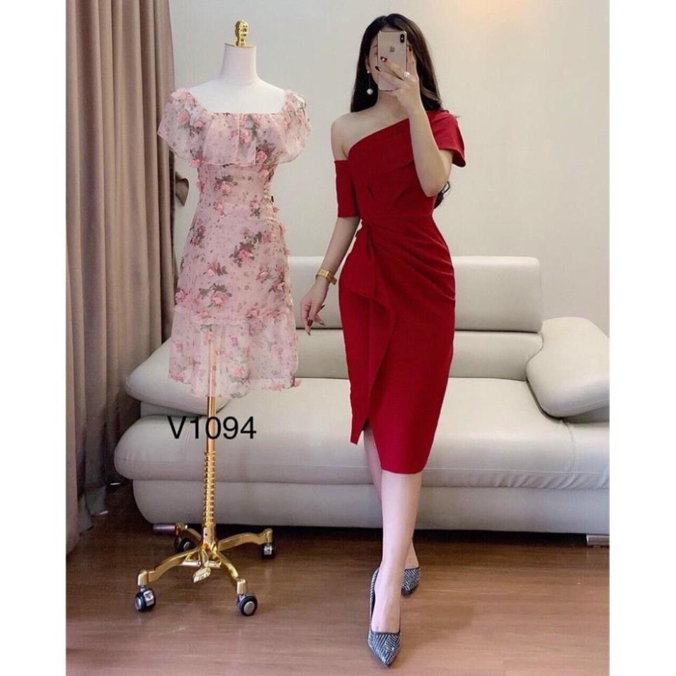 TSO-TASA Đầm váy đỏ lệch vai xếp bèo umi cao cấp tôn dáng siêu xinh cho nàng thời trang nữ dạo phố dự tiệc