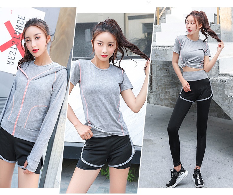 Quần Áo Thể Thao Nữ Áo Xám Đen Quần Tập Gym 2 Lớp, Bộ Đồ Tập Gym, Aerobic
