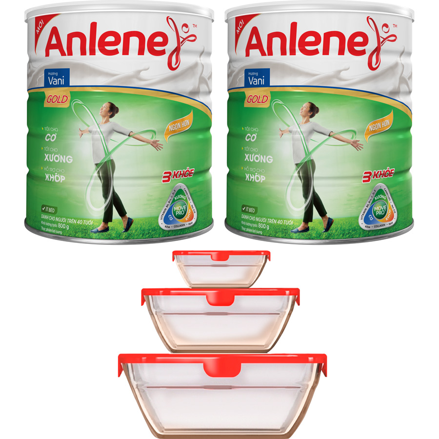 Combo 2 Sữa Bột Anlene Gold Movepro Hương Vanilla (Hộp Thiếc 800g) - Tặng bộ 3 thố thủy tinh