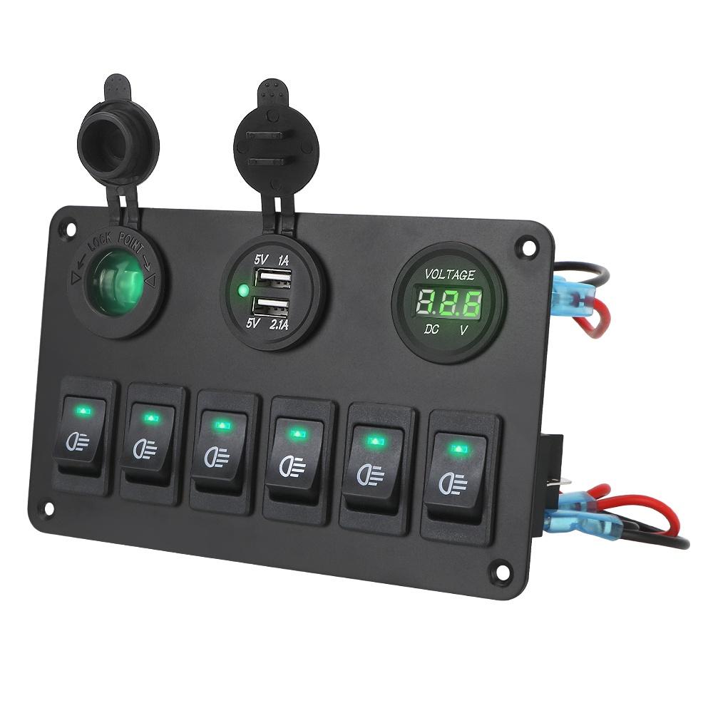 Bảng công tắc bật tắt DC 12V/24V 6 cổng USB cho xe hơi