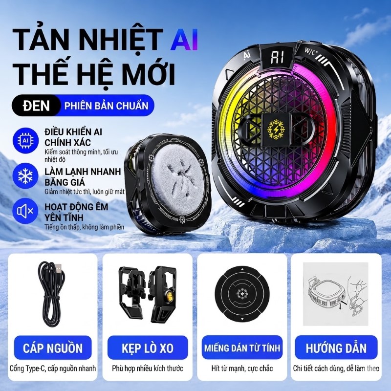 Tản nhiệt sò lạnh Led TH19 Ai Gaming siêu mát có hiển thị nhiệt độ cho điện thoại
