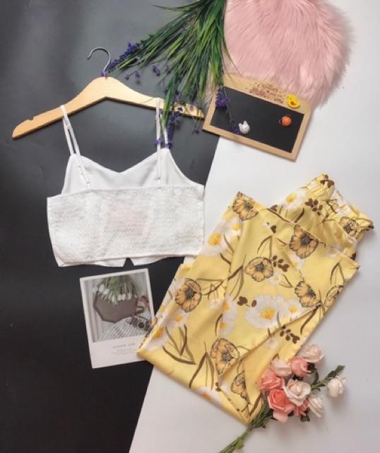BỘ LỤA ÁO CROPTOP QUẦN XẺ XINH