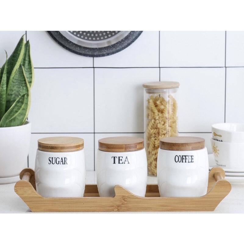 Sét 3 Hũ sứ đựng gia vị, Hũ sứ nắp gỗ đựng trà cafe kèm khay gỗ, Hàng xuất Âu