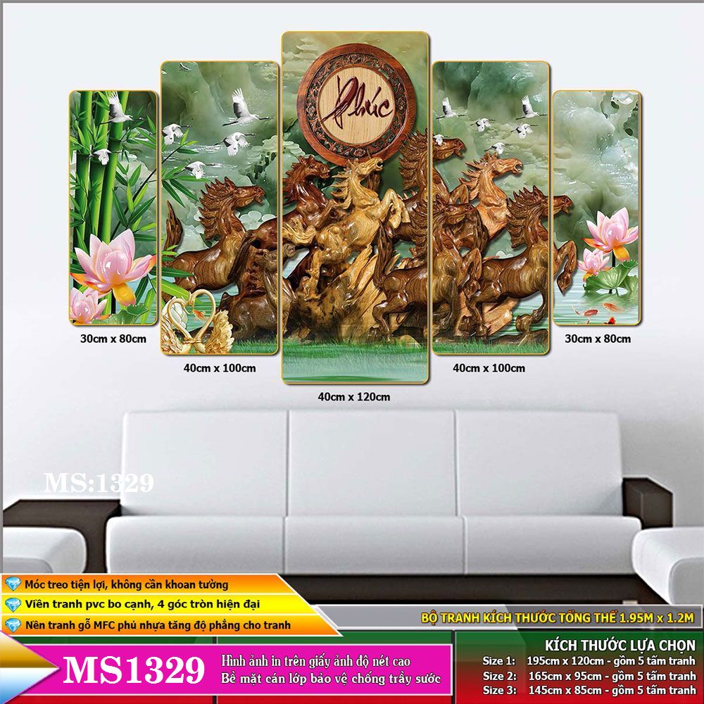 Tranh treo tường - mã đáo thành công - Tranh in cán pvc gương / lụa kim sa: 1329L5