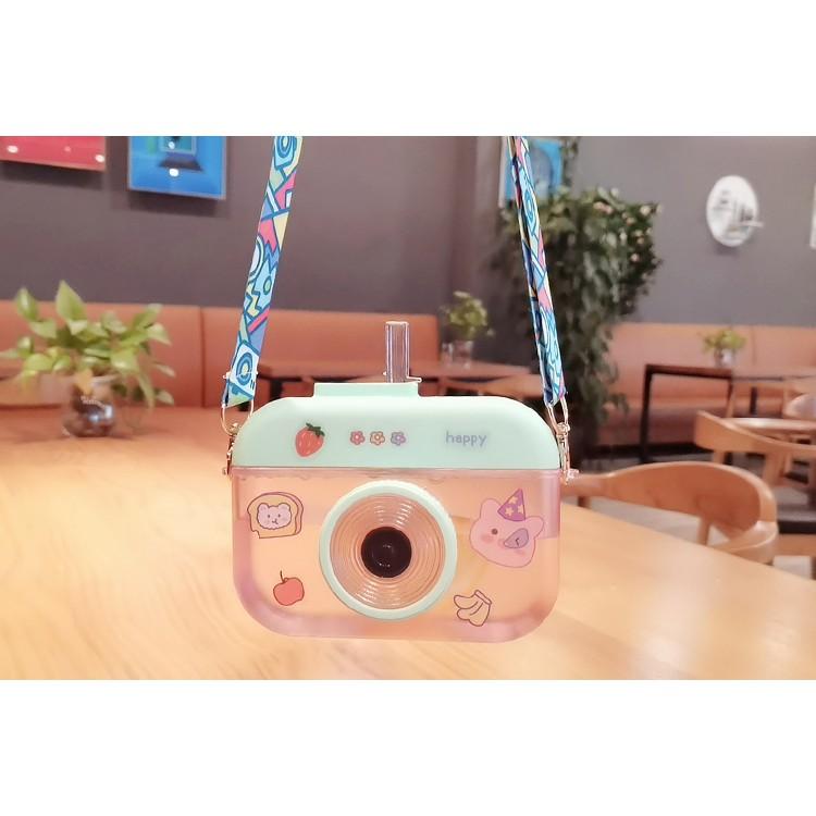 Bình nước hình máy ảnh cực cute 400ml có dây đeo đáng yêu kèm hình dán sticker xinh xắn