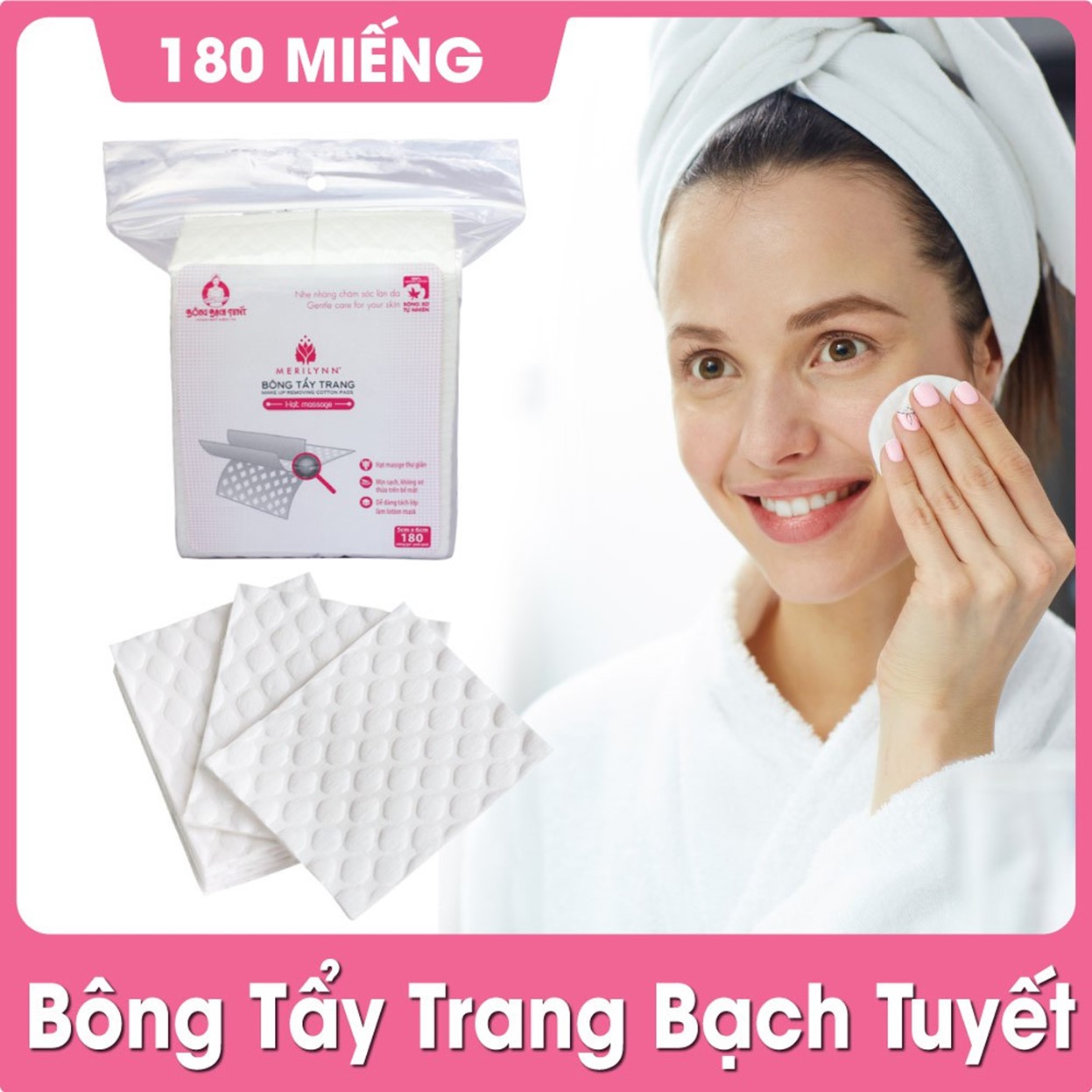 Bộ 2 gói Bông Tẩy Trang Bạch Tuyết Merilynn Hạt Massage (180 Miếng/gói)