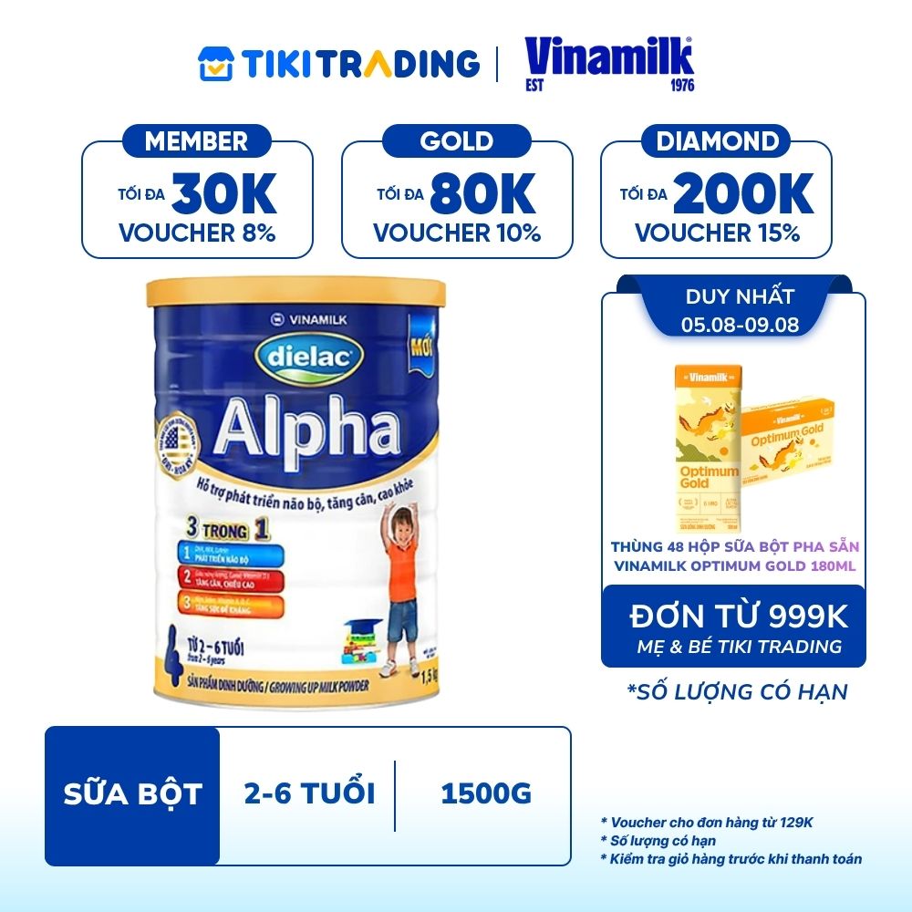 Sữa bột Vinamilk Dielac Alpha 4 – Hộp thiếc 1500g (dành cho trẻ 2-6 tuổi)