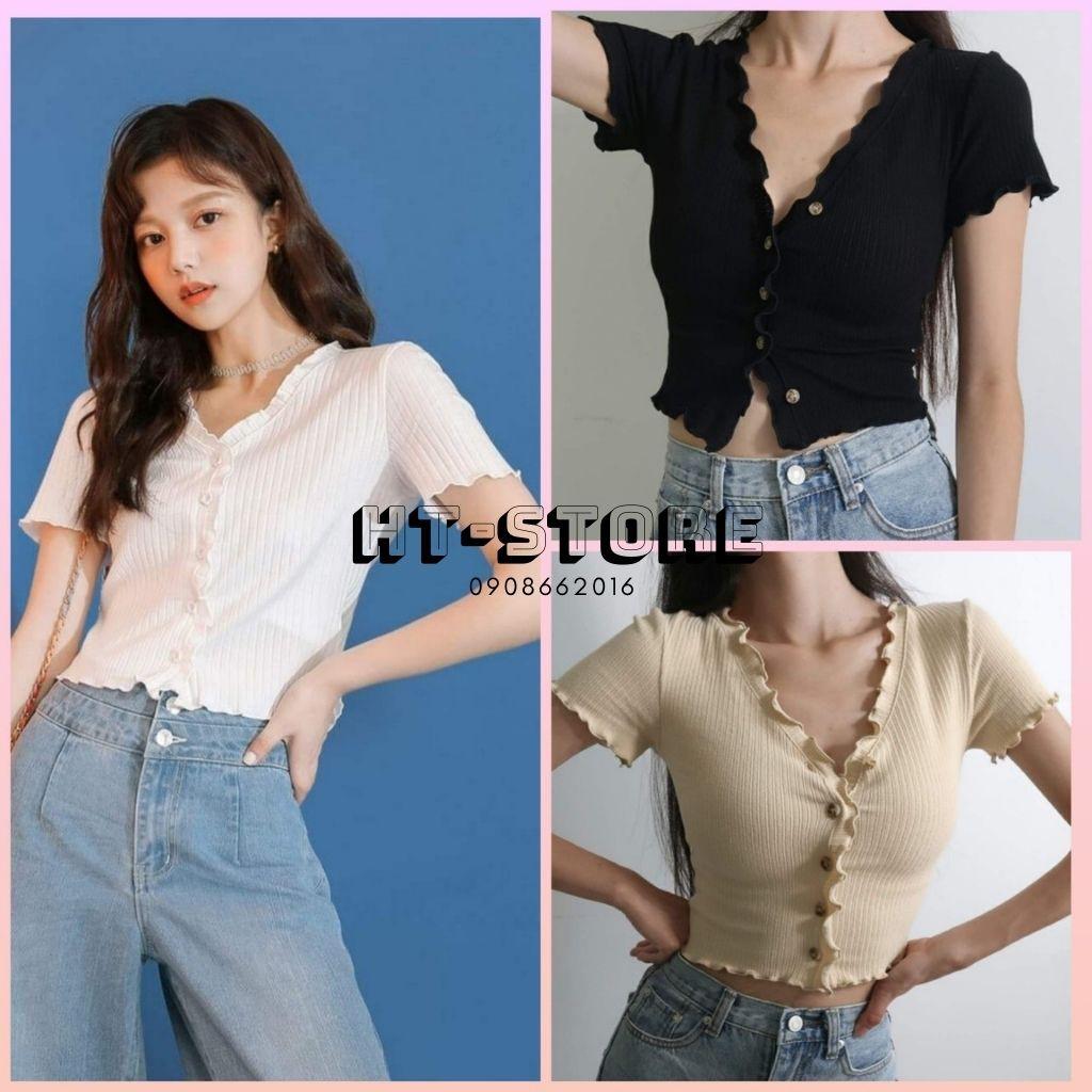 Áo Croptop Nữ Cổ Tim Gài Nút 3 Màu Siêu Hot-Hình Thật