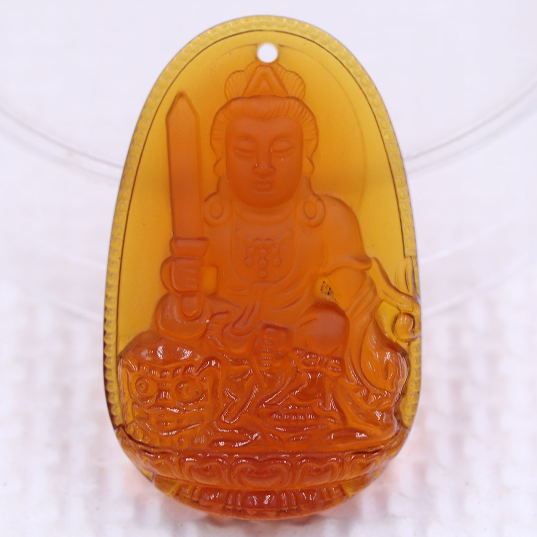 Mặt Phật Văn thù pha lê cam 1.9cm x 3cm  kèm vòng cổ dây chuyền inox vàng + móc inox vàng, Phật bản mệnh, mặt dây chuyền