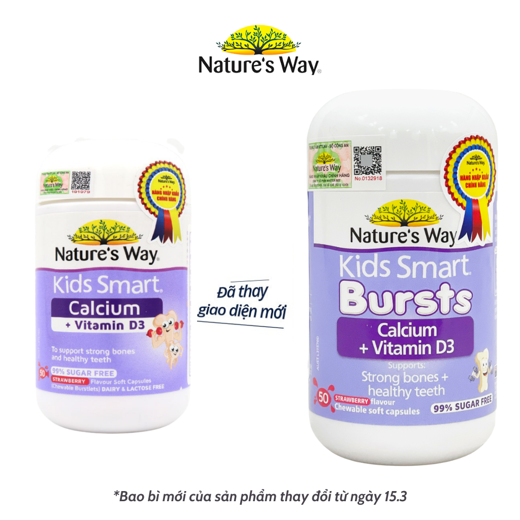 Viên Nhai Cho Bé Nature’s Way Kids Smart Calcium + Vitamin D3 Burstlets Bổ Sung Canxi Phát Triển Chiều Cao 50 Viên