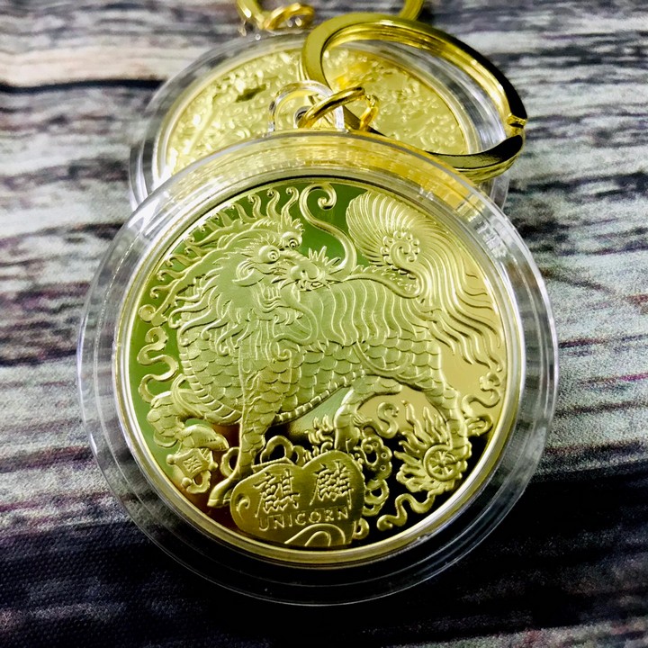 Móc Khóa xu Kỳ Lân Vàng Dùng để trang trí chìa khóa, tăng tính thẩm mỹ, mang lại may mắn. Làm quà tặng dịp Lễ, Tết, kích thước 5cm, màu vàng - TMT Collection - SP000412