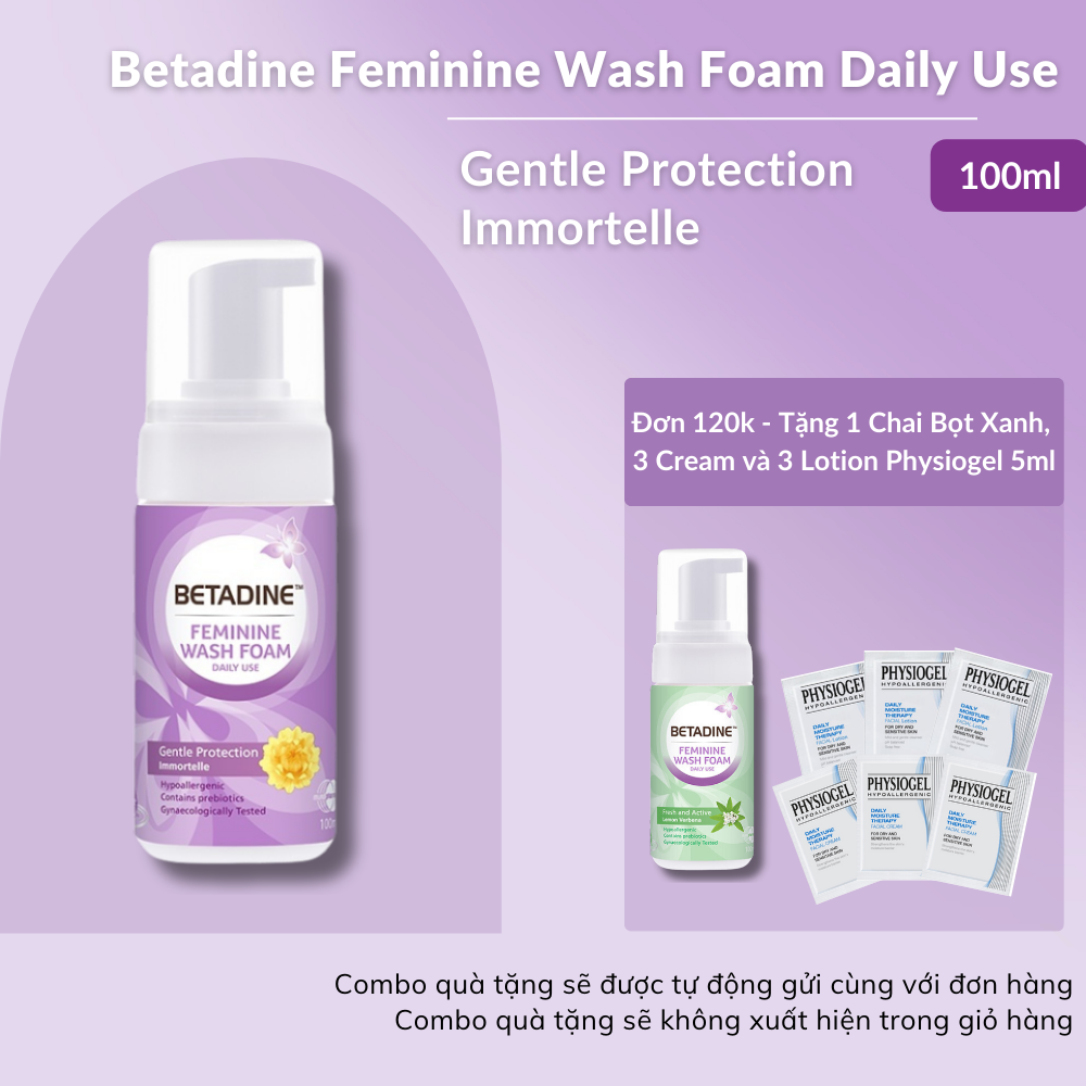 Bọt vệ sinh phụ nữ Betadine Feminine Wash Foam Daily Use Gentle Protection Immortelle 100ml