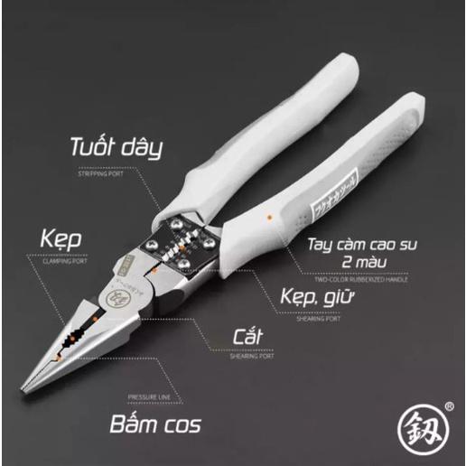 Kềm Đa Chức Năng Cao Cấp 6 trong 1 Tiêu Chuẩn Nhật Bản Dài 22cm,Kẹp- Xiết,Vặn - Uốn - Cắt - Bấm Cốt - Tuốt Dây,Thép CR-V