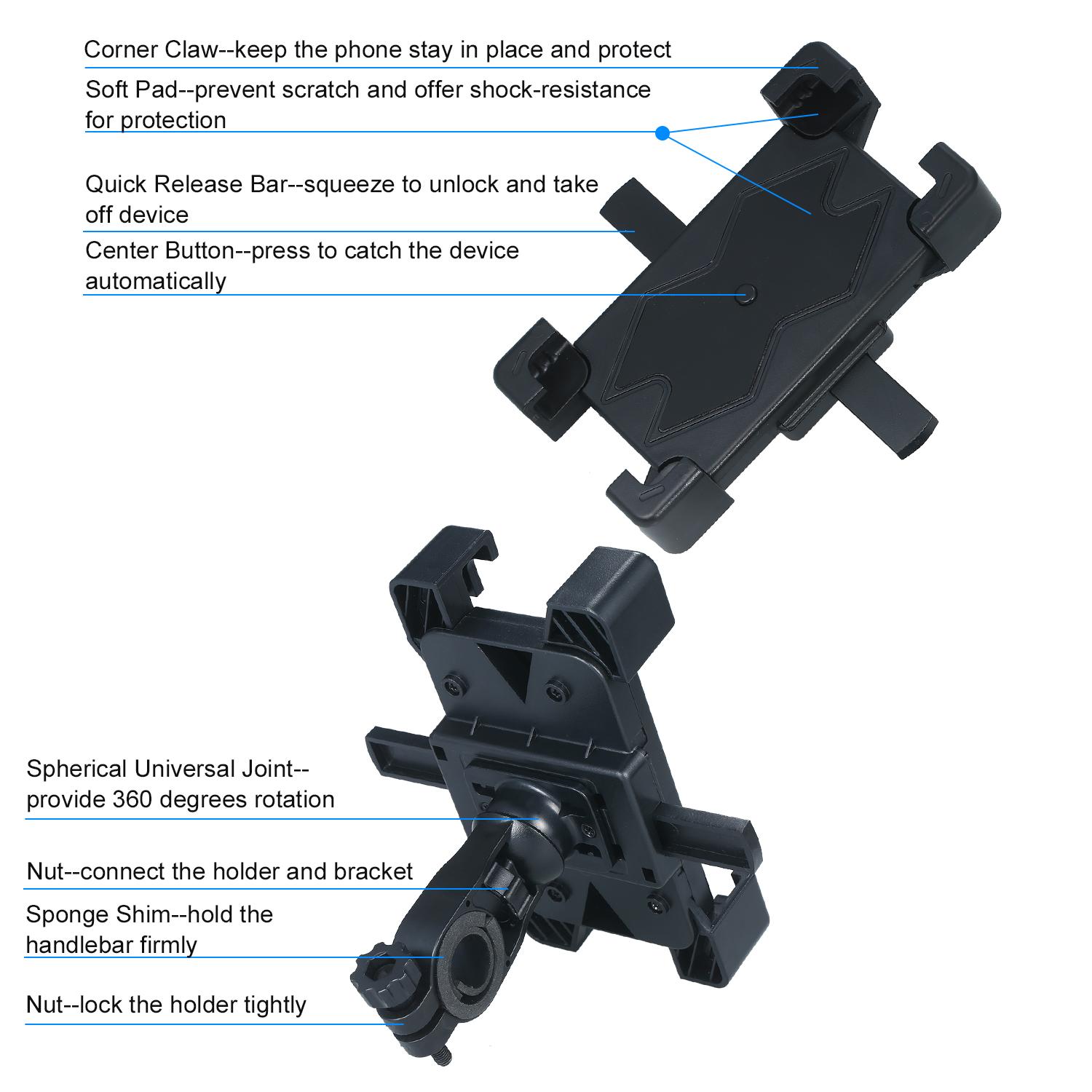Bike Phone Mount Detachable Adjustable Bicycle Phone Holder Full Protection 360 Degrees Rotation for Motorcycle