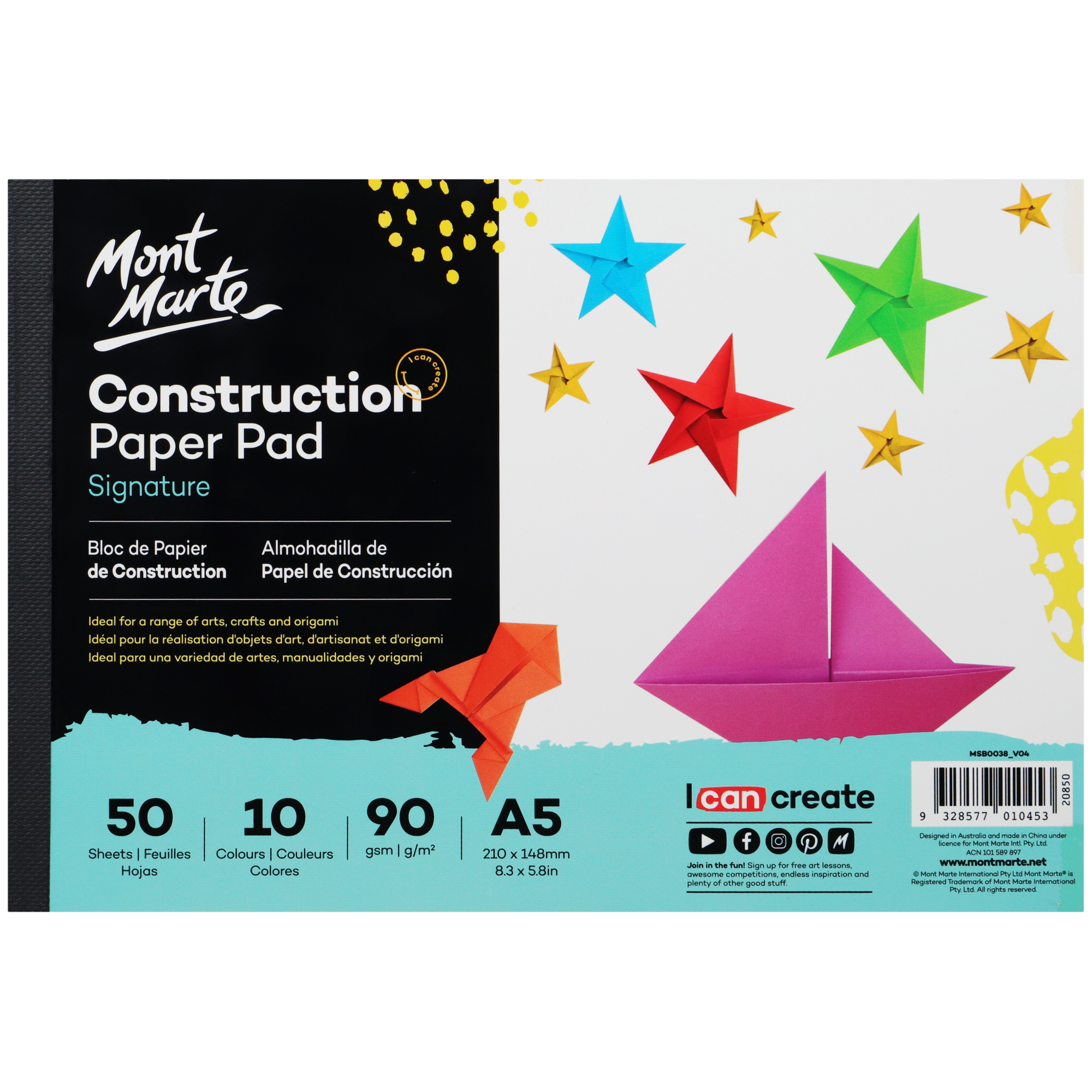 Giấy gấp thủ công/kỹ thuật hiệu Mont Marte nhiều màu kích thước A4/A5 50 tờ/quyển - Construction Paper Signature 50 Sheets