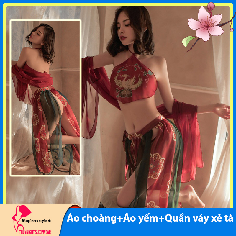 Váy ngủ hở lưng sexy phối quần váy xẻ tà kèm áo choàng sexy gợi cảm P67 - Đầm ngủ nữ quyến rũ - Đồ ngủ nữ sexy