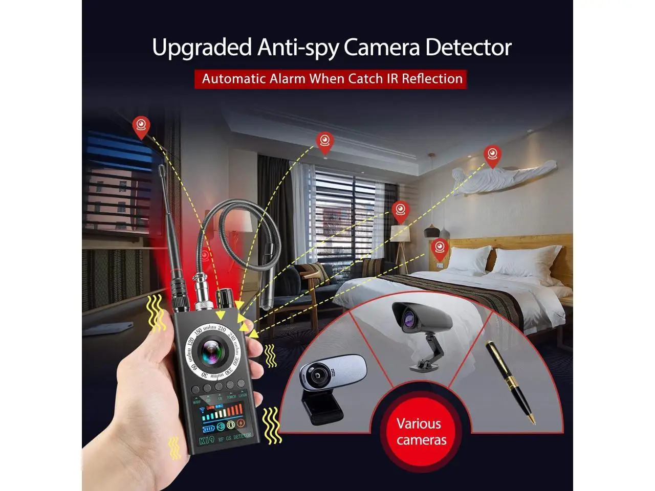 ROGTZ - Máy Dò K19 chuyên phát hiện Camera siêu nhỏ, máy ghi âm siêu nhỏ, thiết bị định vị G.P.S - K19 Upgrade RF Signal Hidden Camera Detector Anti Spy Candid Pinhole Micro Cam Scan Magnetic GPS Locator GSM Secret Bug Finder. - Hàng Chính Hãng
