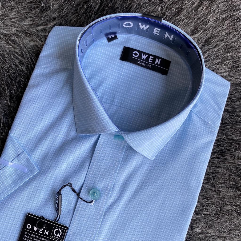 OWEN - Áo Sơ mi ngắn tay Owen vạt ngang chất sợi tre kẻ ca rô nhỏ màu xanh nhạt 230122