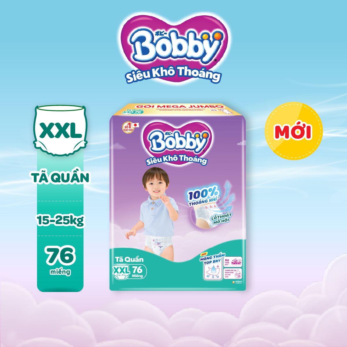 Tã quần Bobby Siêu Khô Thoáng - 100% Thoáng Khí Mega Jumbo - XXL76