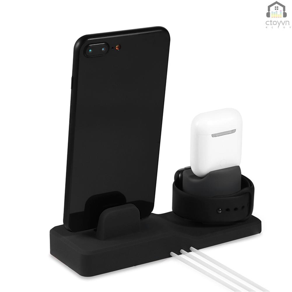 Đế sạc 3 trong 1 bằng silicon màu đen chất lượng cao tương thích cho Apple iPhone iWatch AirPods