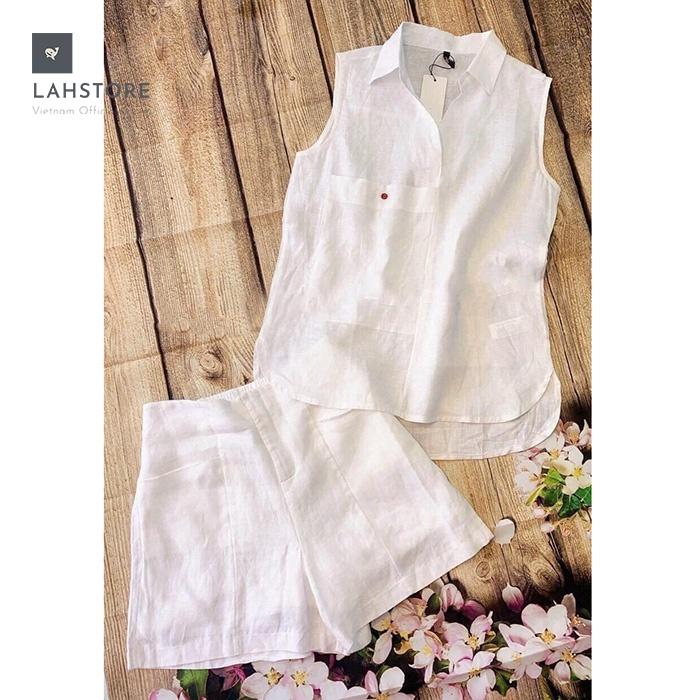 Đồ bộ nữ mặc nhà sát nách cổ bẻ LAHSTORE, chất liệu linen cao cấp, kiểu dáng form rộng thích hợp từ 45 đến 70kg